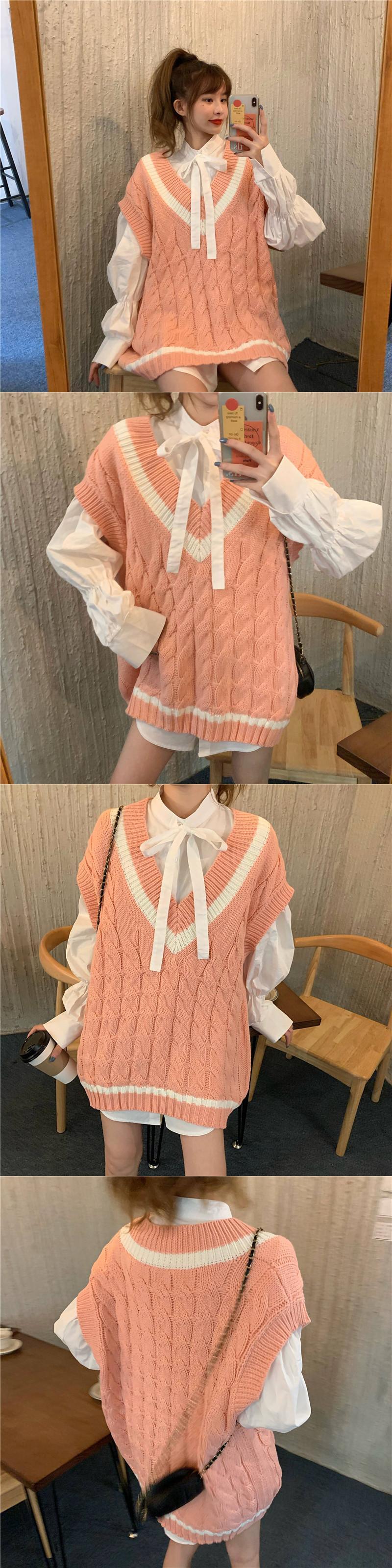 スタイルVネックニットニット セーターリボンホワイト 白シャツ