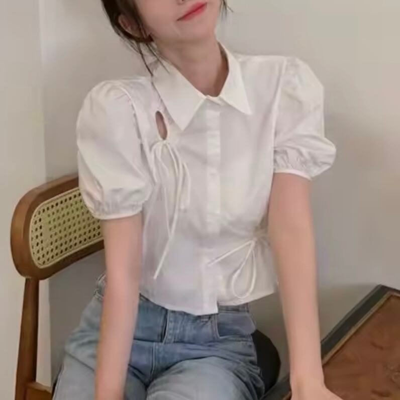 リボンデザインパフスリーブシャツ