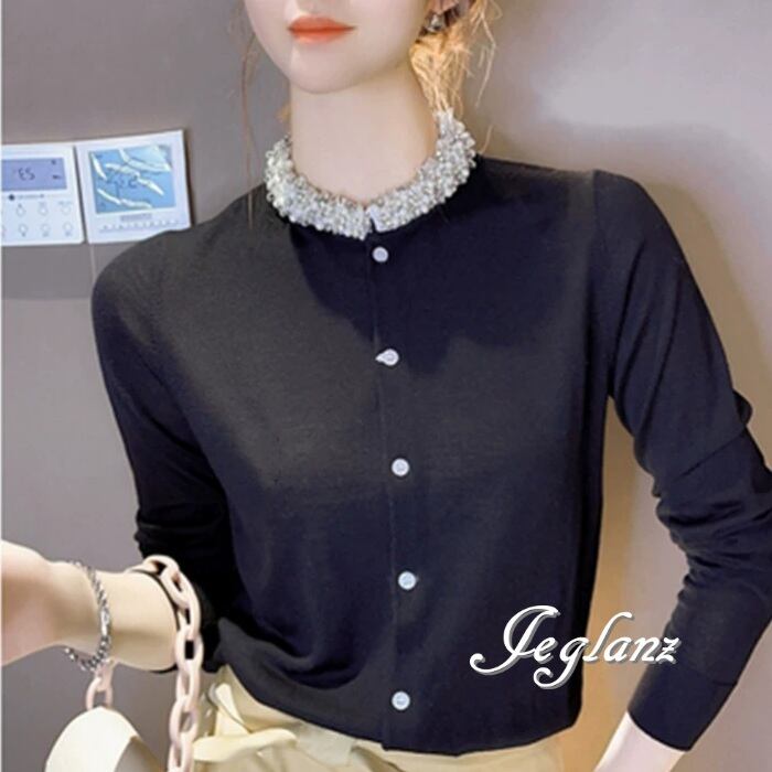 3色 ビジュー付き ニット カーディガン きれいめ エレガント(MA668)σ,ς*