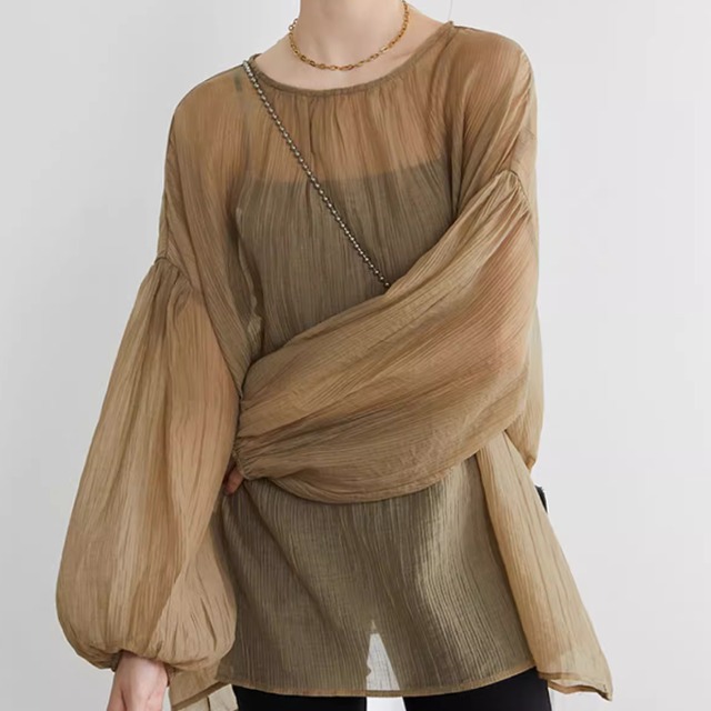 レディース トップス ブラウス プルオーバー 長袖 パフスリーブ ラウンドネック 襟なし ワイド 透け感 シースルー 薄手 かわいい 大人可愛い きれいめ シンプル カジュアル 上品 おしゃれ かっこいい レトロ こなれ感 ラフ ガーリー ルーズ 個性的 クール エレガント モダン 主役級 存在感 とろみ感 抜け感 ラブリー キュート 都会的 ベーシック ロマンティック ナチュラル デート お出かけ 休日 ショッピング お花見 カフェ 重ね着 コーデ 楽ちん 体型カバー 普段使い モテ ゆったり ゆる