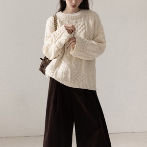 patchwork  crew-neck cable knit　J00435