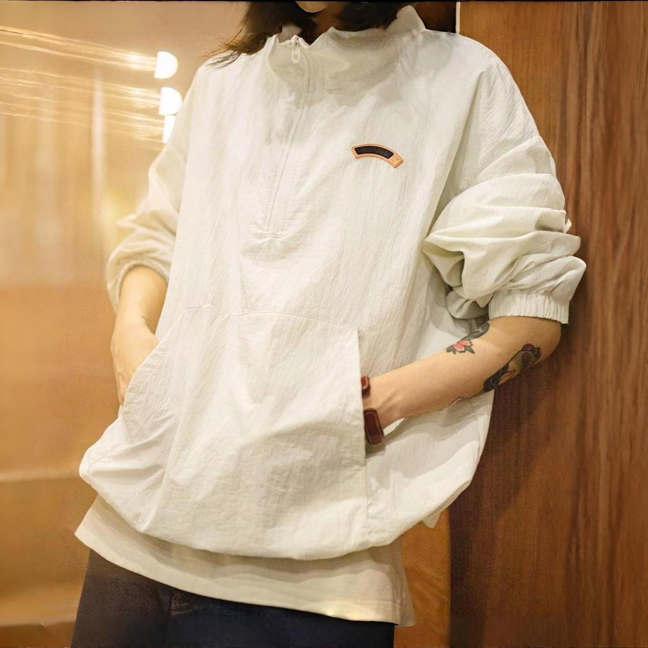 スタンドカラーハーフジップカンガルーポケットプルオーバー A01705