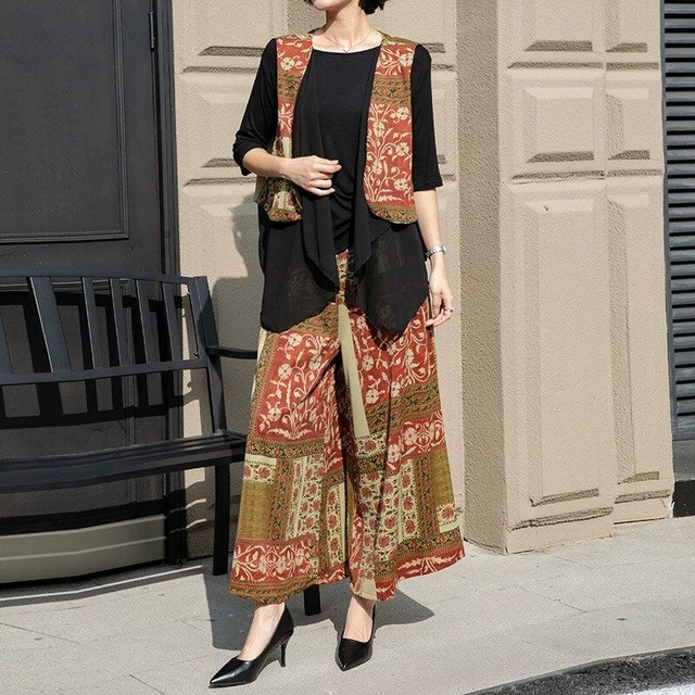 DESIGN VEST & INNER SHIRT & WIDE LEG PANTS SET 3pieces 3colors M-16440