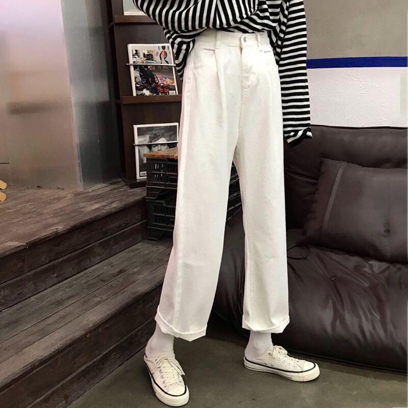 ホワイトハイウェストウェストジーンズ レディースオータムウィンタールーズパンツ ワイドレッグ 秋物 冬物 ワイドパンツ 試着室70624733953