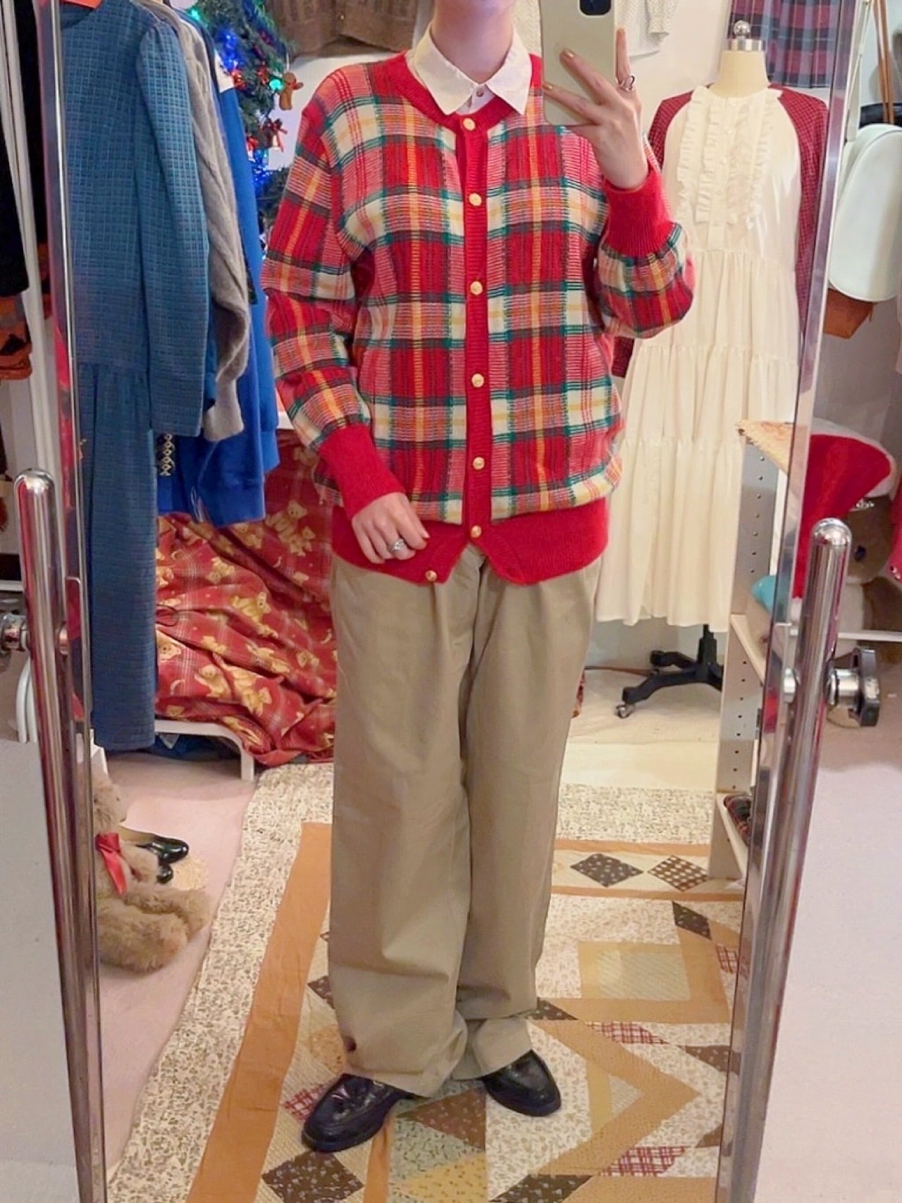 red green check knit cardigan