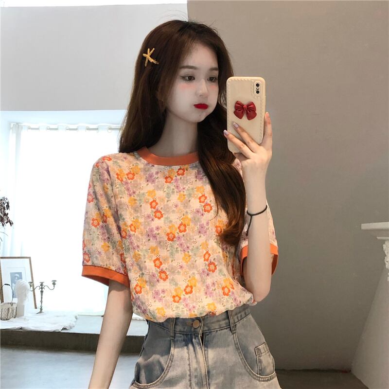 フローラルTシャツ サマー薄手ルーズレッドトップス 大人ガーリー スウィート キュート カジュアル 夏物 花柄 試着室97843126352