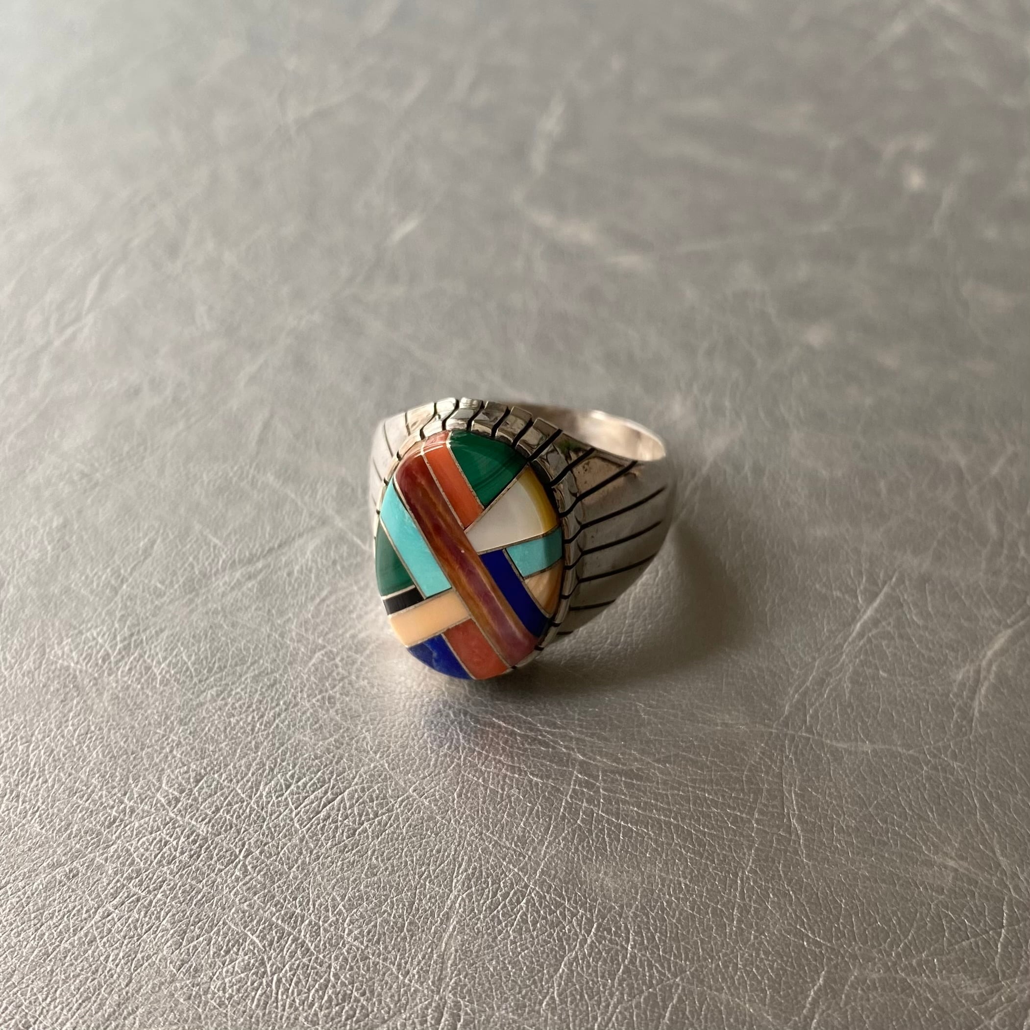 Vintage s〜s USA silver  colorful stone artistic inlay ring