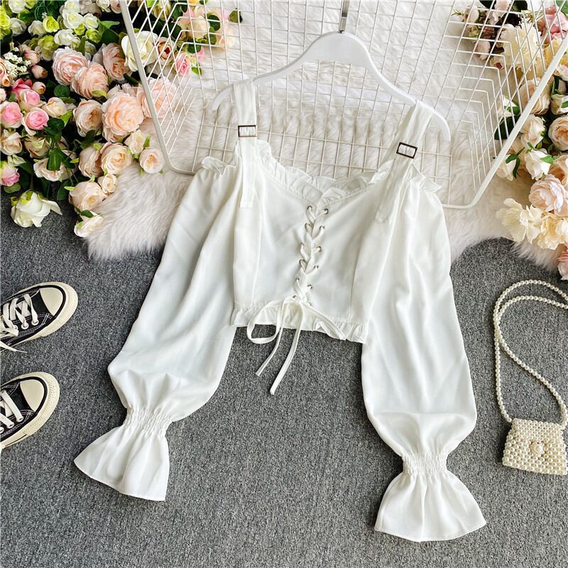 サブカル 服 地雷系 通販 SEASONZ ブラウス ミニ丈 V字 編み上げ ショルダーストラップ オフショル 袖コン 闇かわいい ゴスロリ バンギャ