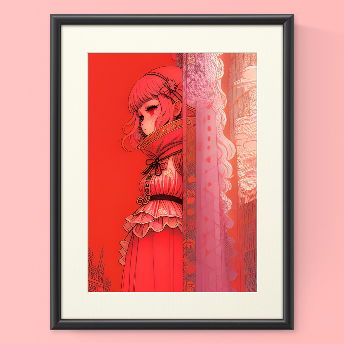 原画』ゆめかわいいコーラルピンクでメルヘンチックなアニメ調の少女