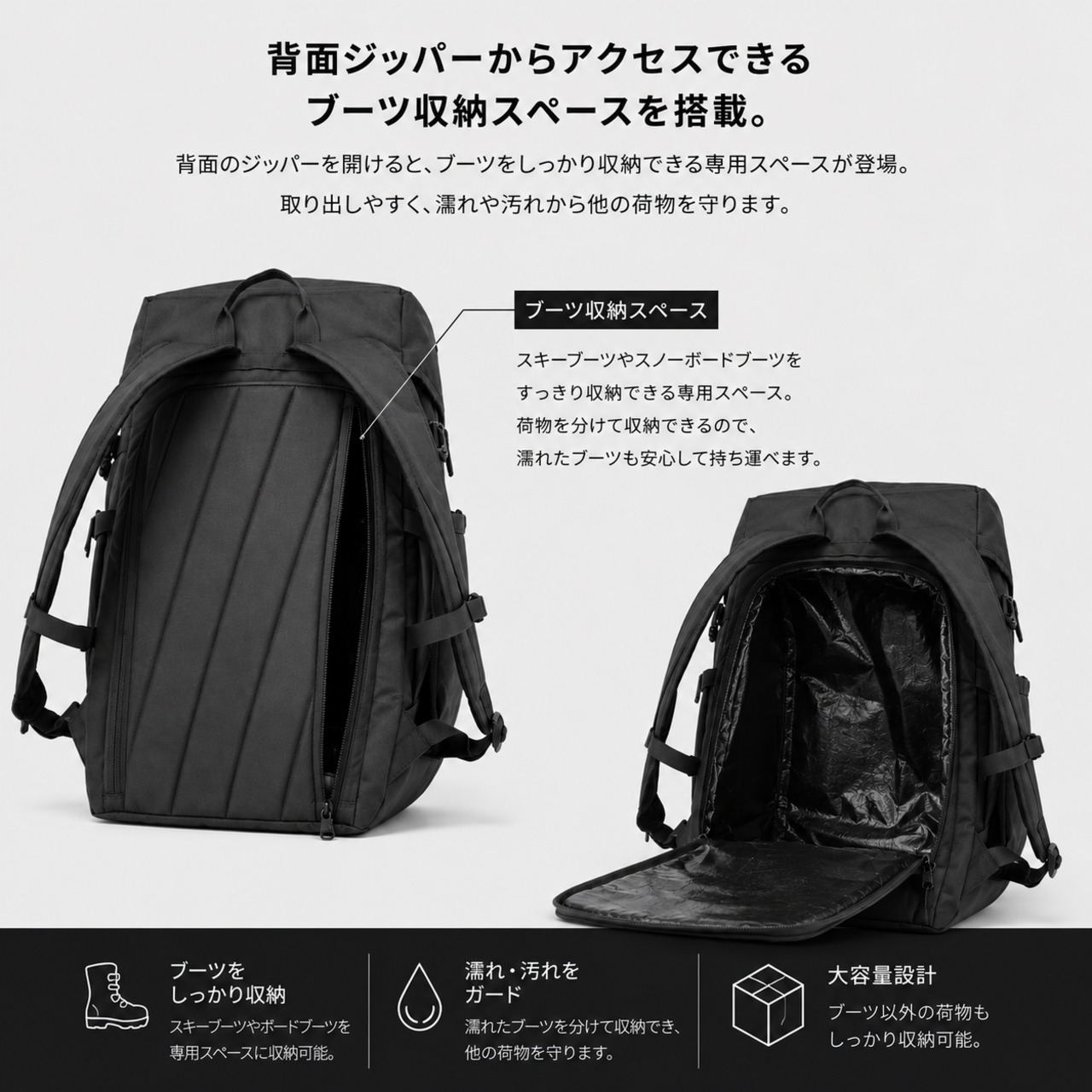 【ZASSO】48L マルチギアバックパック｜ブーツ・ヘルメット収納対応 スキー・スノーボード遠征バッグ