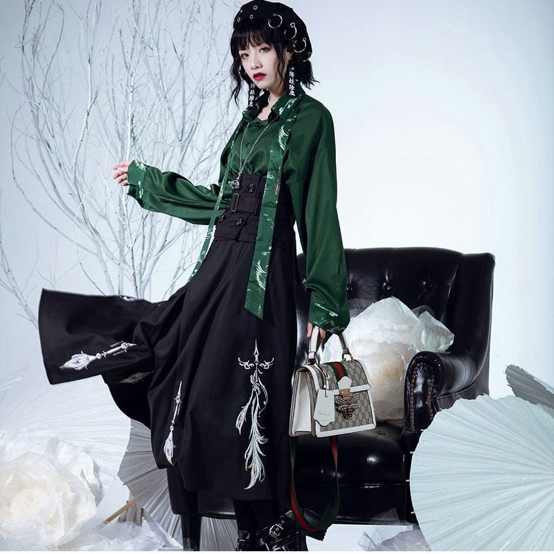 サブカル 服 地雷系 通販 ロング巻きスカート スリット ミモレ丈 ベルト 十字 刺繍 ハイウエスト 大人 レトロ モード系