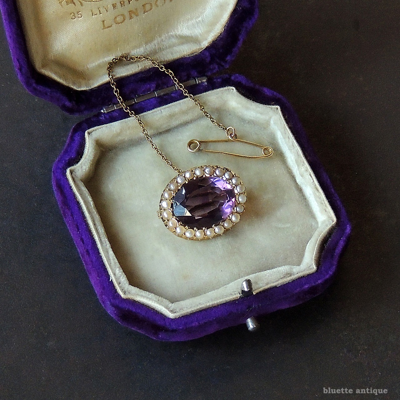 英国アンティークジュエリー 15ctゴールド 天然アメシスト 真珠 レースピン ブローチ（ソーティングメモ付）
