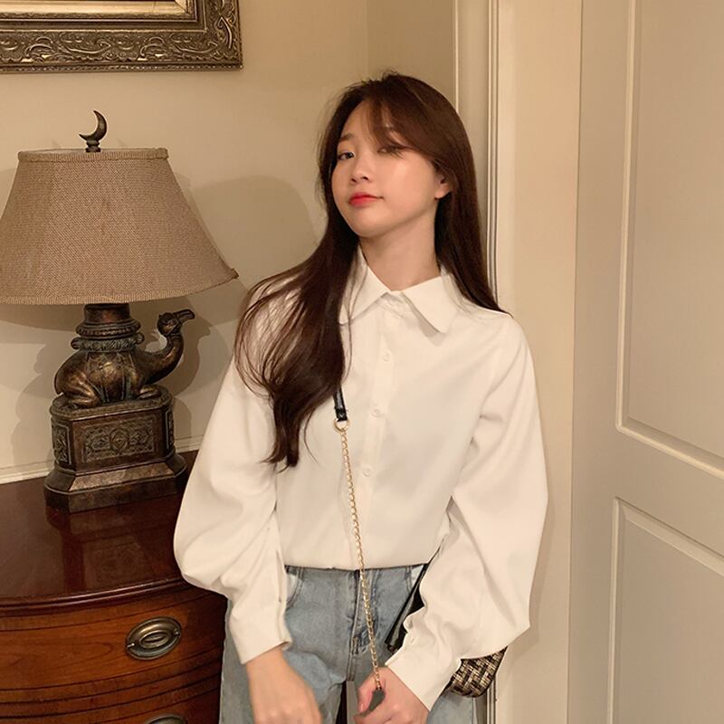 ホワイトシャツ レディーススプリングオータムブラウス スタンダードスタイルサマー レトロ 春物 夏物 秋物 スーパーモール72554993774