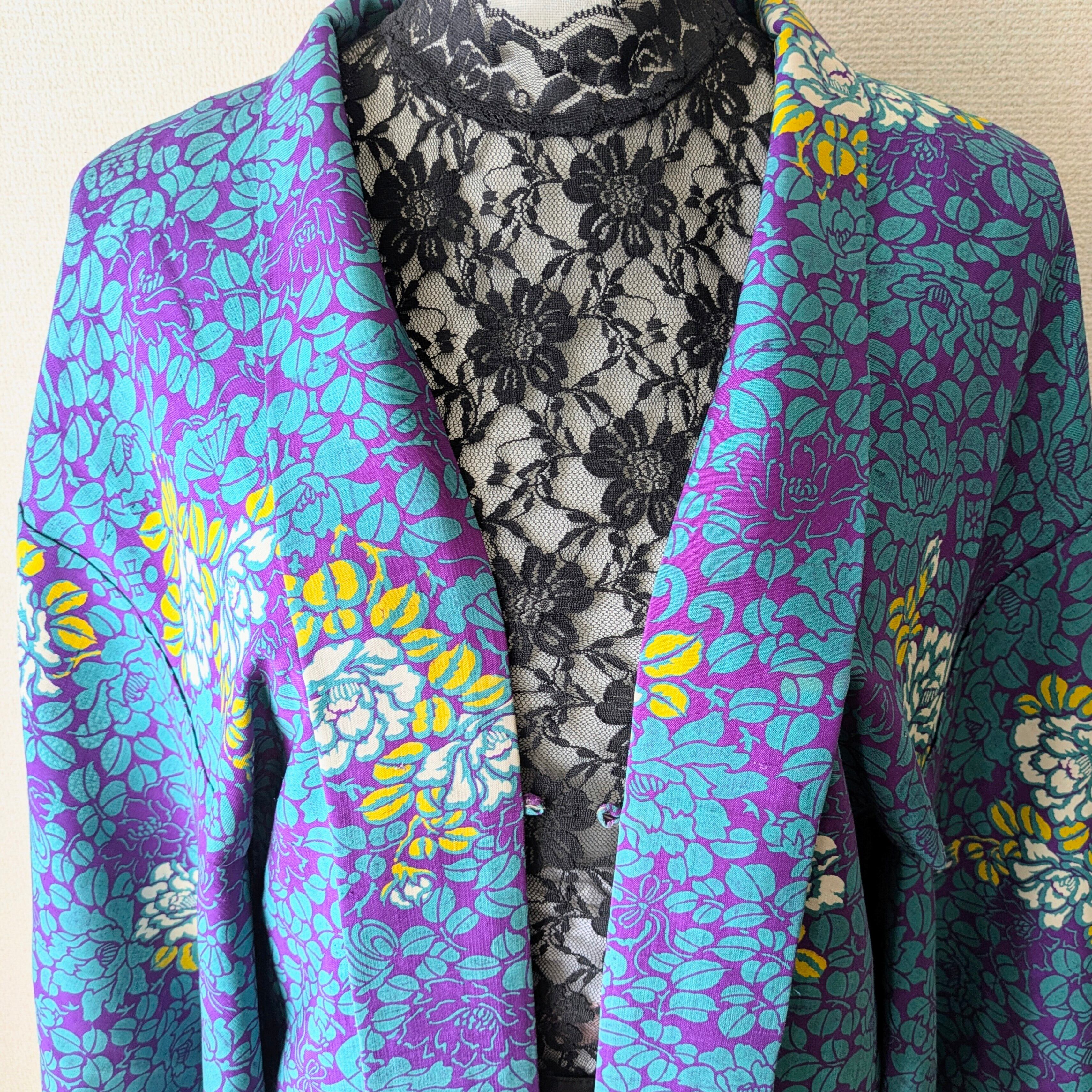 Vintage】HAORI 長羽織 羽織 正絹 型染 椿柄 大正浪漫 古布 時代布