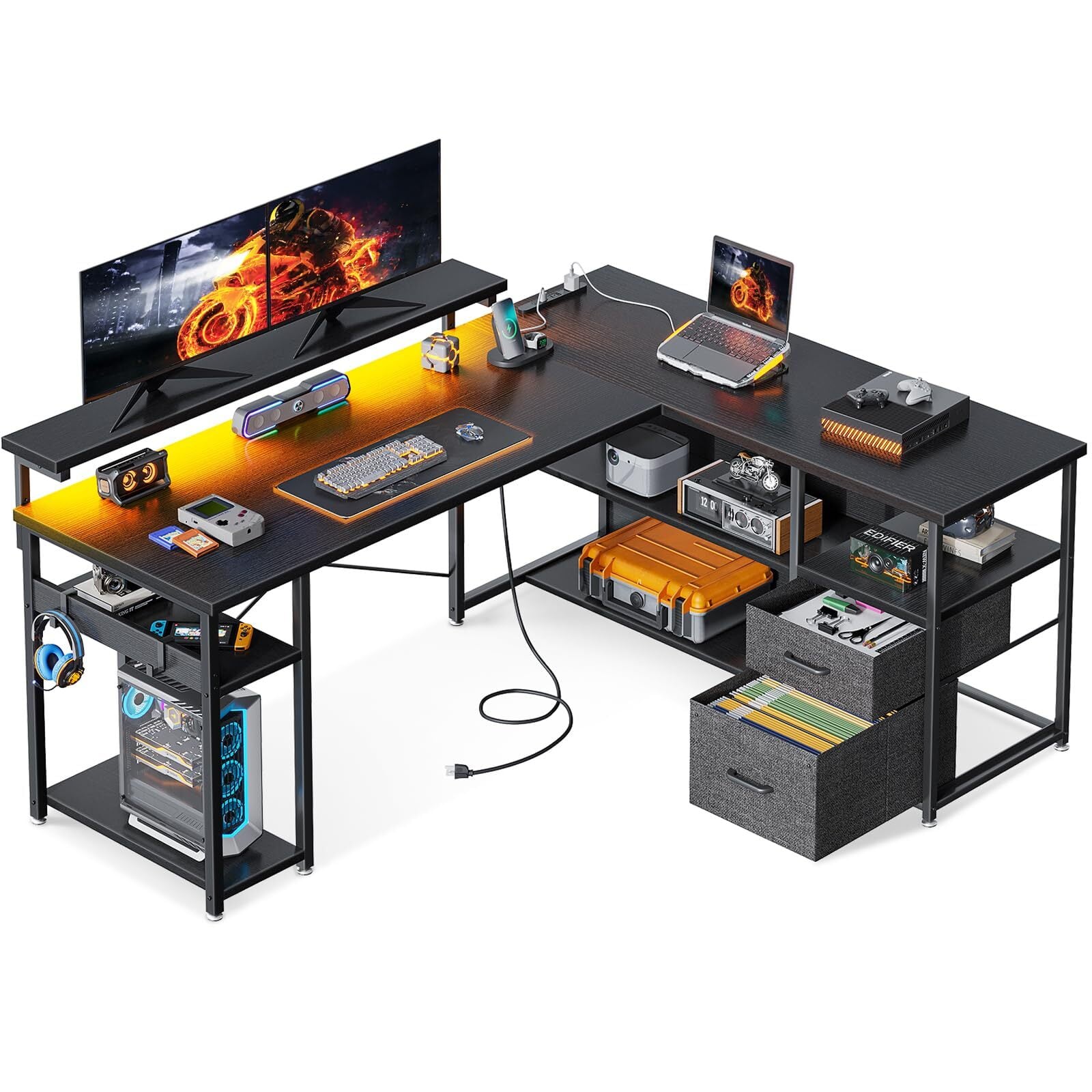 ゲーミングデスク カーボン調 コンセント付き パソコンデスク L字