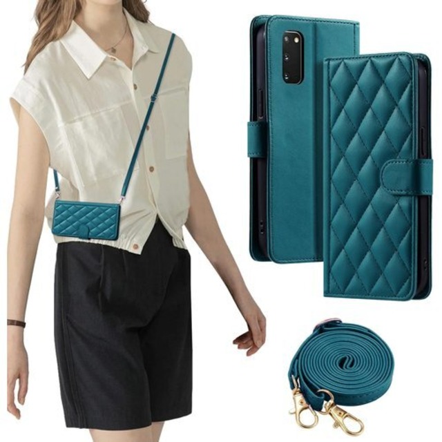 laddutoi FOR Galaxy S20 5G SC-51A SCG01 カバー galaxys20ケース 手帳型 おしゃれ ストラップ付き スタンド機能 カード収納 軽量 薄型 耐衝撃 高級PUレザー 滑り防止 財布型 内蔵マグネット 開閉式 チェック柄 上質 耐摩擦 マグネット式 肩掛け 斜め掛けーグリーン 2337