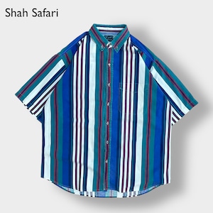 【Shah Safari 】ストライプ 半袖 シャツ 柄シャツ ボタンダウン マルチカラー マルチストライプ XL ビッグサイズ US古着