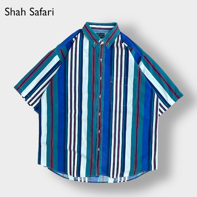 【Shah Safari 】ストライプ 半袖 シャツ 柄シャツ ボタンダウン マルチカラー マルチストライプ XL ビッグサイズ US古着