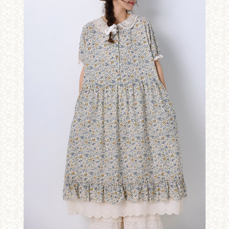 花柄レースハーフボタン切り替えワンピース W0693