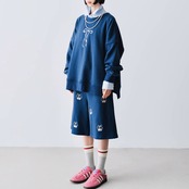 ゆるく可愛い:ガーリーリボン刺繍のインディゴブルースウェット i0463