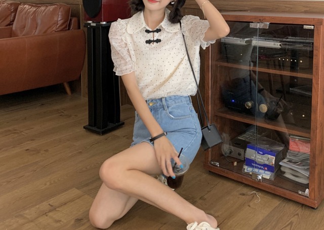 トップス  柄  かわいい リボン チャイナ 可愛い カットソー  夏  韓国ファッション 617