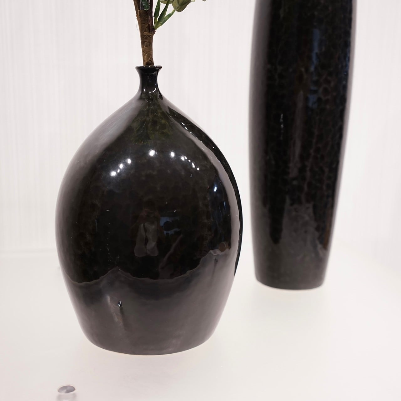 中古】フラワーベース ブラック 2個セット ガラス 造花付き 花瓶 北欧