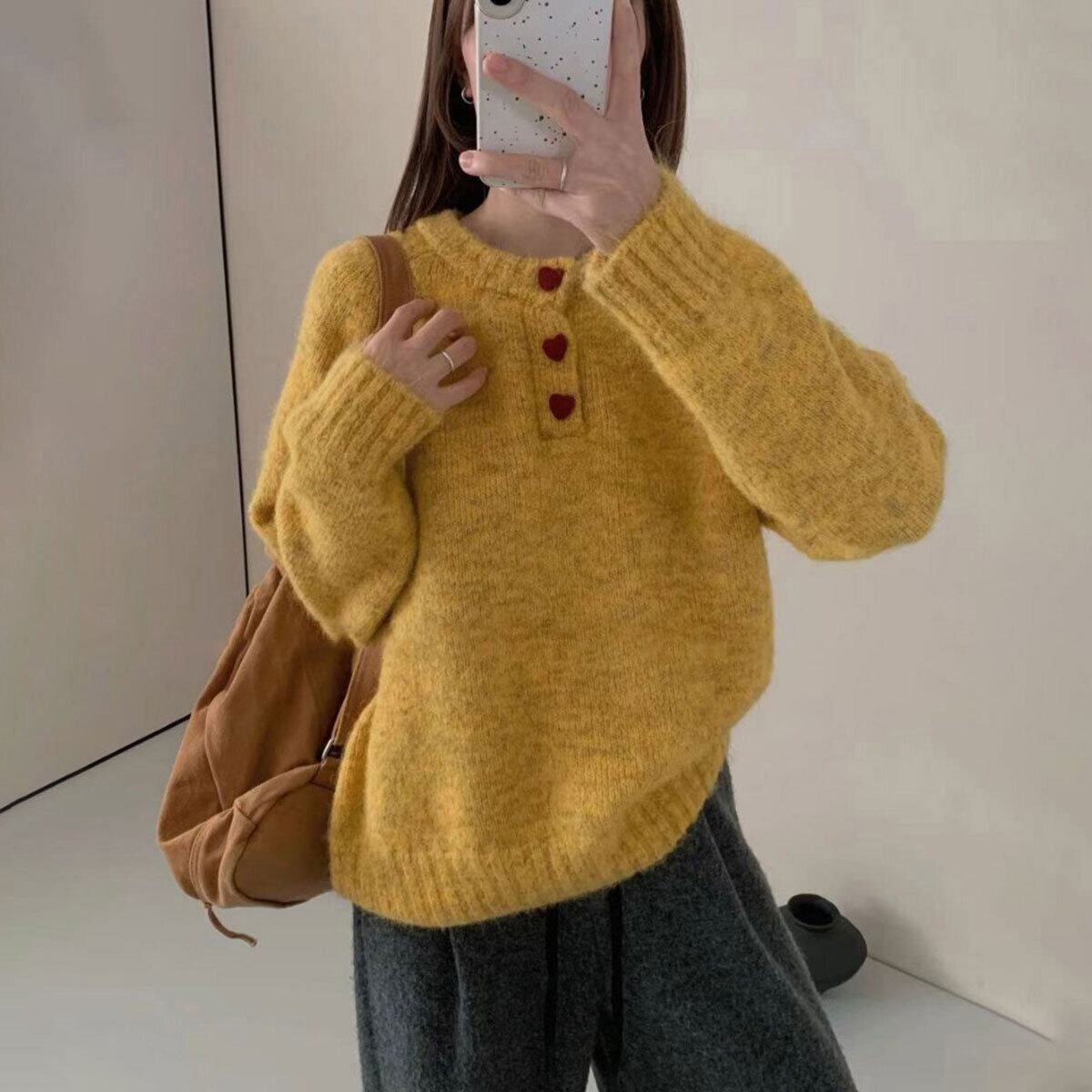 ニット 起毛 長袖 ハーフボタン レディース 春秋冬 韓国 トップス おしゃれ 大人 カジュアル きれいめ ハートボタン 無地 ゆったり ガーリー フェミニン 大人可愛い 大人女子