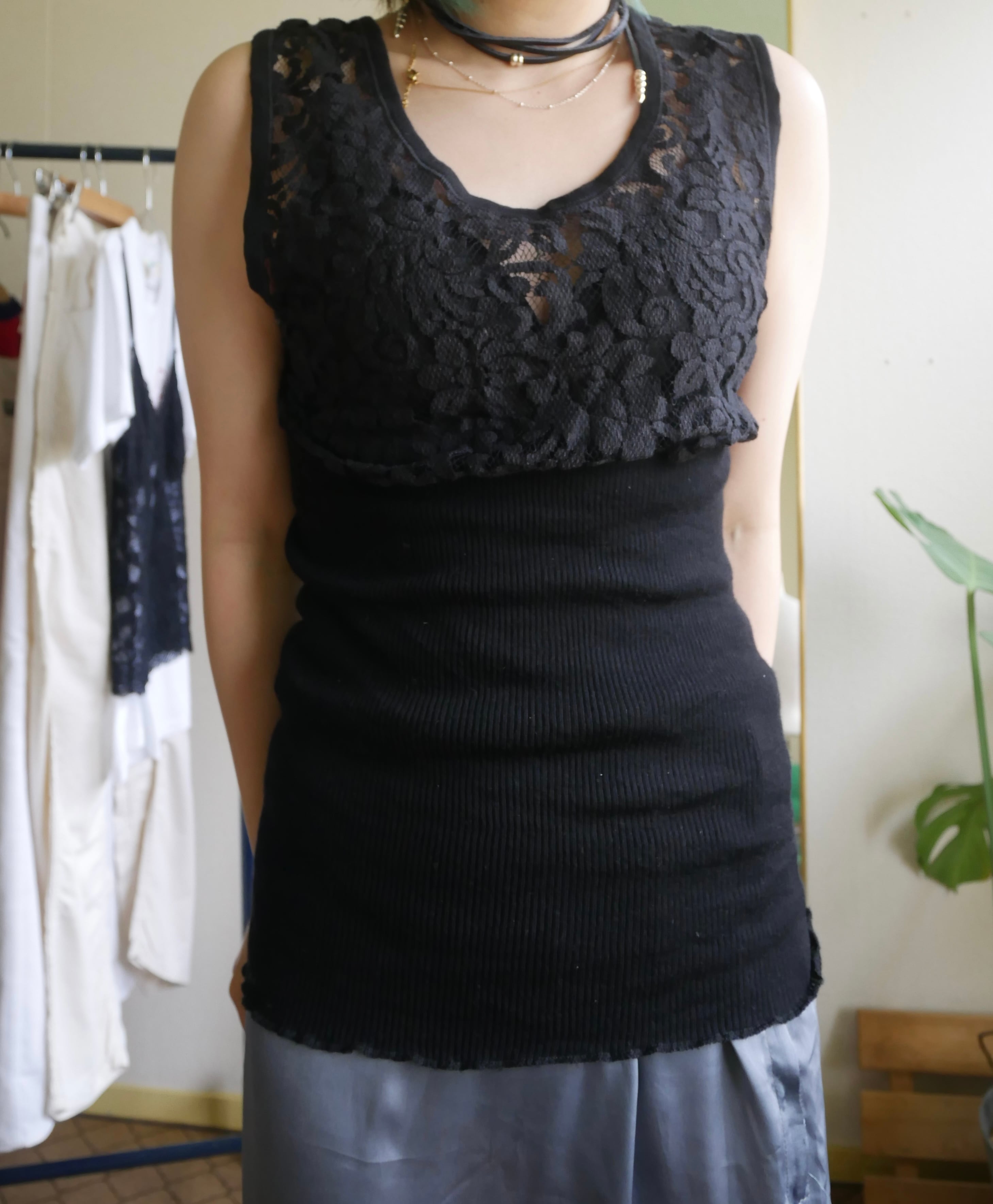 70s-80s Italy Made dori Lace Tank Top BLK
