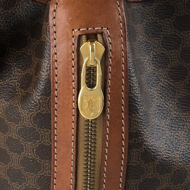 CELINE セリーヌ マカダム ショルダーバッグ ブラウン ブラゾン型押し PVC 巾着 vintage ヴィンテージ オールド fmd3v6