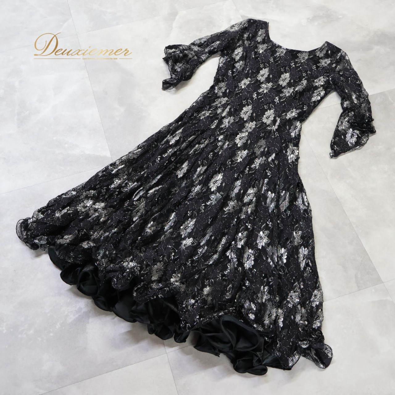 社交ダンス 衣装 prima boutique プリマブティック ドレス ワンピース ブラック系 花 花柄 黒 レース フリル 練習 レッスン 伸縮 ストレッチ ダンス衣装 イベント ステージ パーティー おしゃれ シルバー系