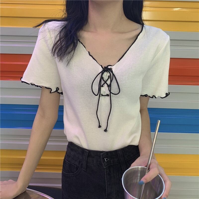 サマーVネックストラップ ニットセーター トップス レッドTシャツ 夏物 1号婦人93624564590