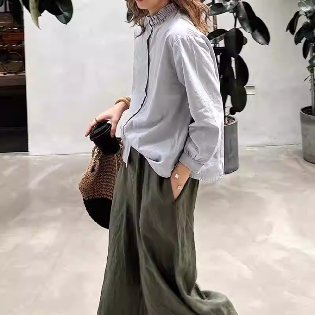 スタンドカラー フレンチスリーブシャツ 襟デザイン 2color  00256