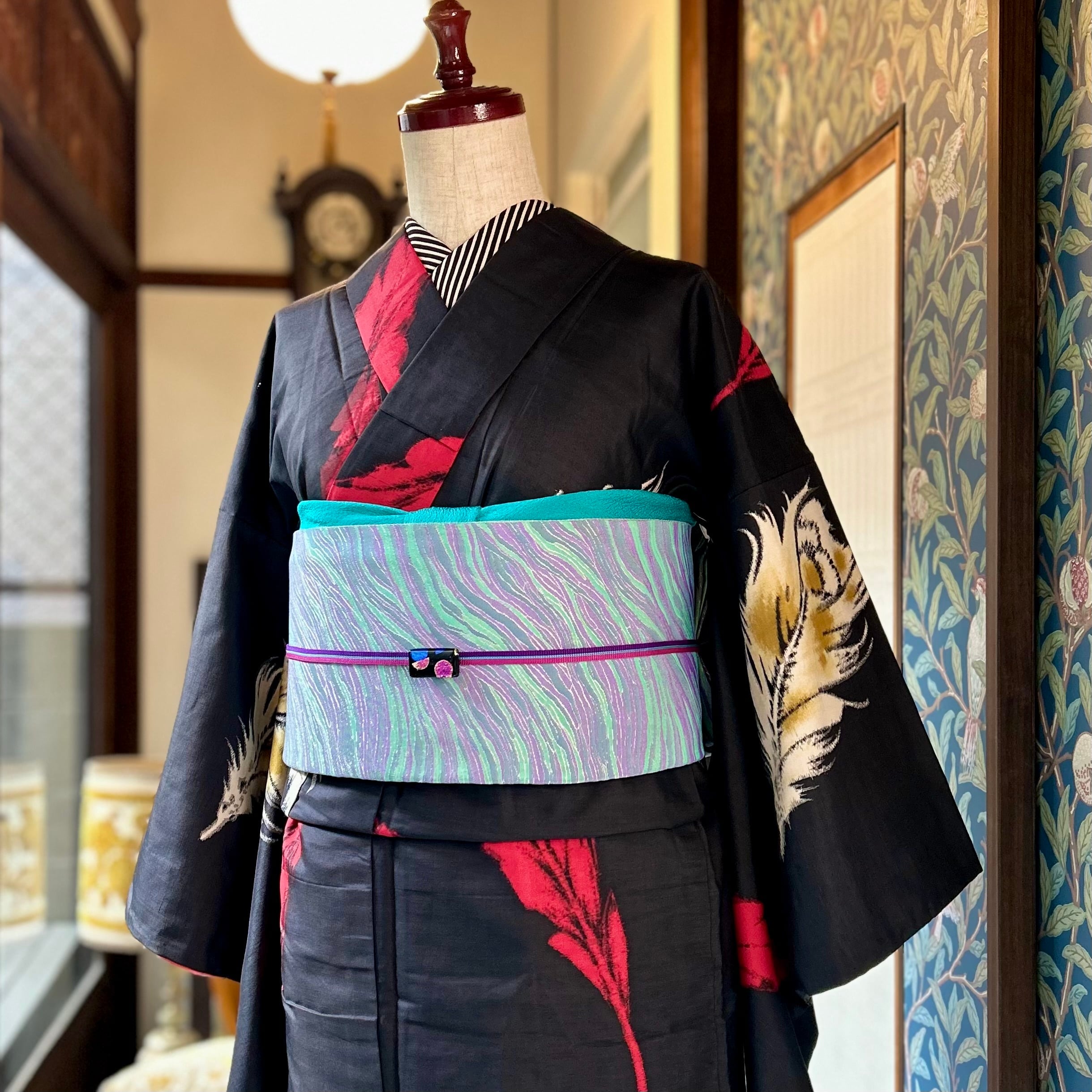 【千寿】ブルートーンの作り帯セット／アンティーク着物大正ロマン昭和レトロ小紋単衣