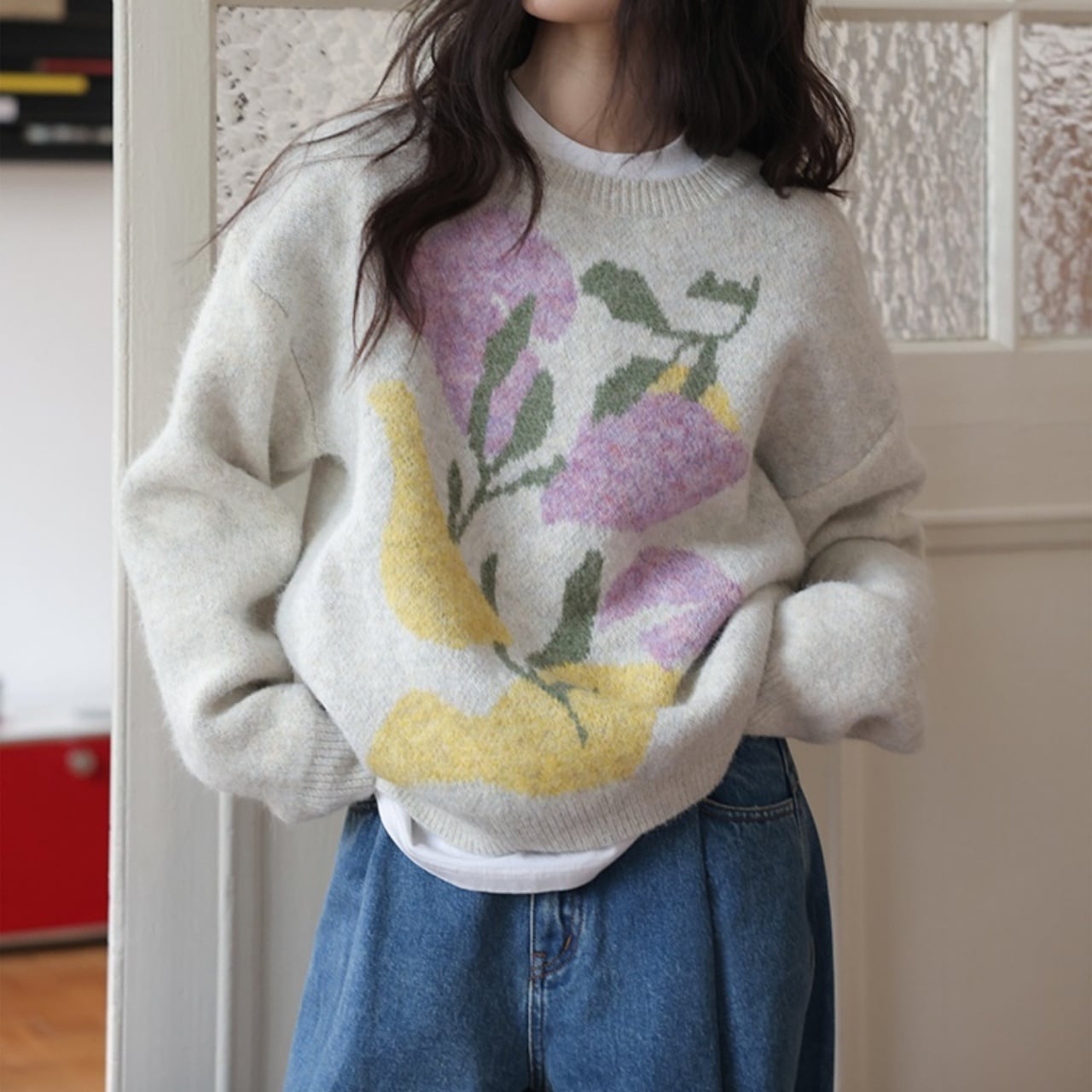 フラワープリントジャガードニットプルオーバー A01983