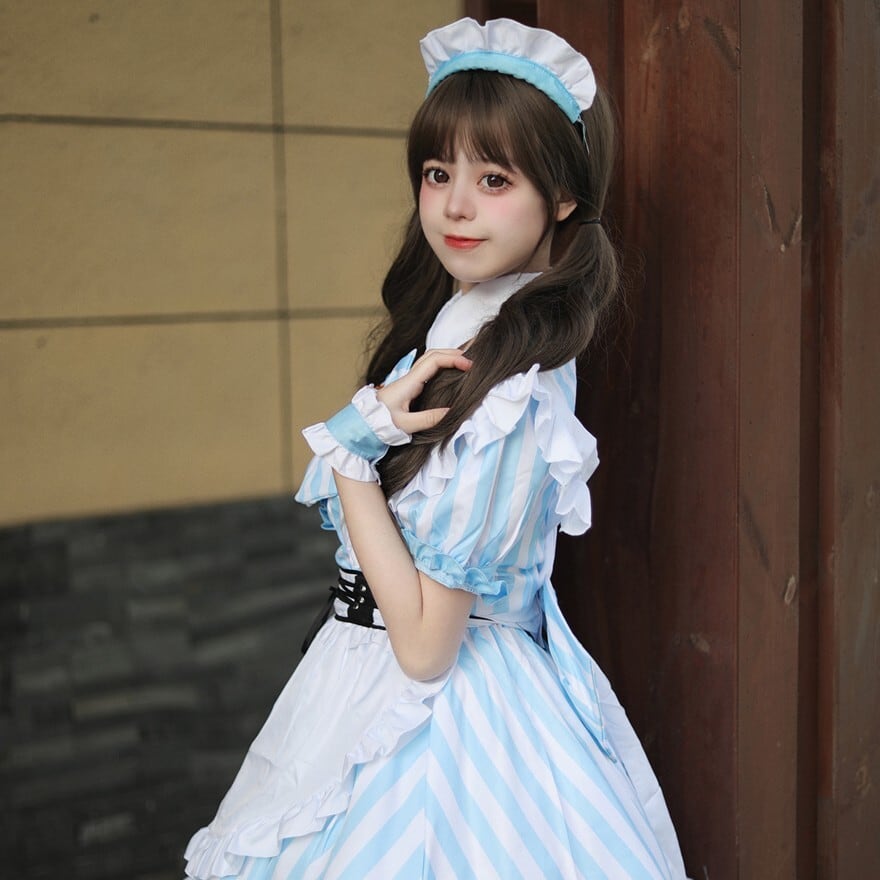 フレンチメイドワンピース アリス風 ライトブルー ストライプ ｜WithU