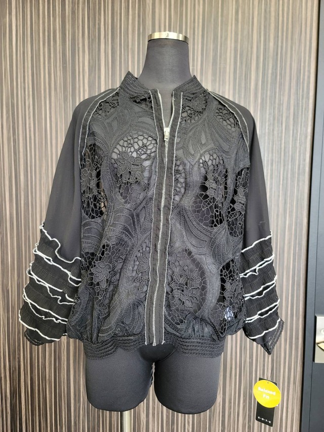 レース＆シフォンジャケット 袖フリル レース ジップ ブルゾン