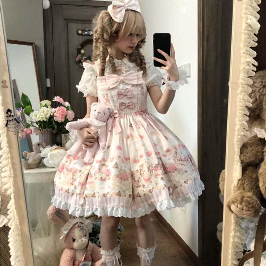 ロリィタ 甘ロリ系スイーツ柄ジャンパースカート ピンクリボンお茶会
