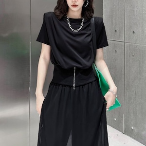 CINCHED WAIST DRAPED SHORT SLEEVE T-SHIRT M-17176