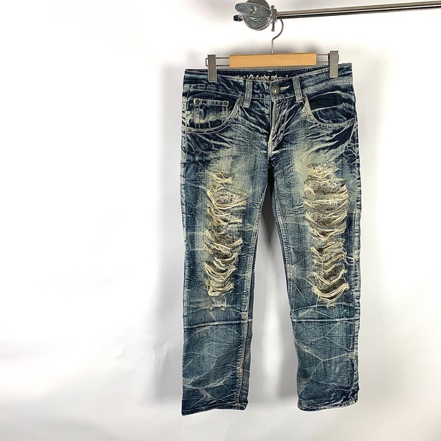グランジデニムパンツ ダメージ加工 クラッシュ加工 Y2K ストレート 