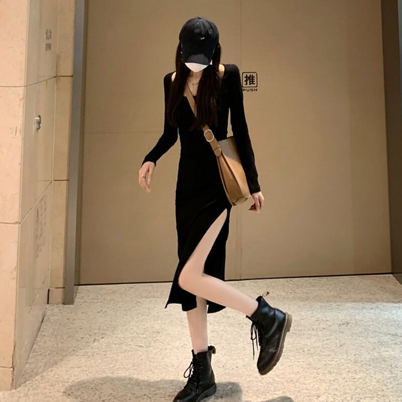 ブラックスリットニットドレス スプリングオータムスタンダードスリムスカート レトロ 春物 秋物 試着室26178037239