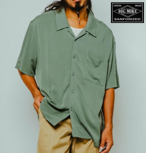 BIG MIKE ビッグマイク シャツ オープンカラー レーヨンシャツ 半袖 Rayon Aloha Open Slit S/S Shirt SAGE GREEN 102625540