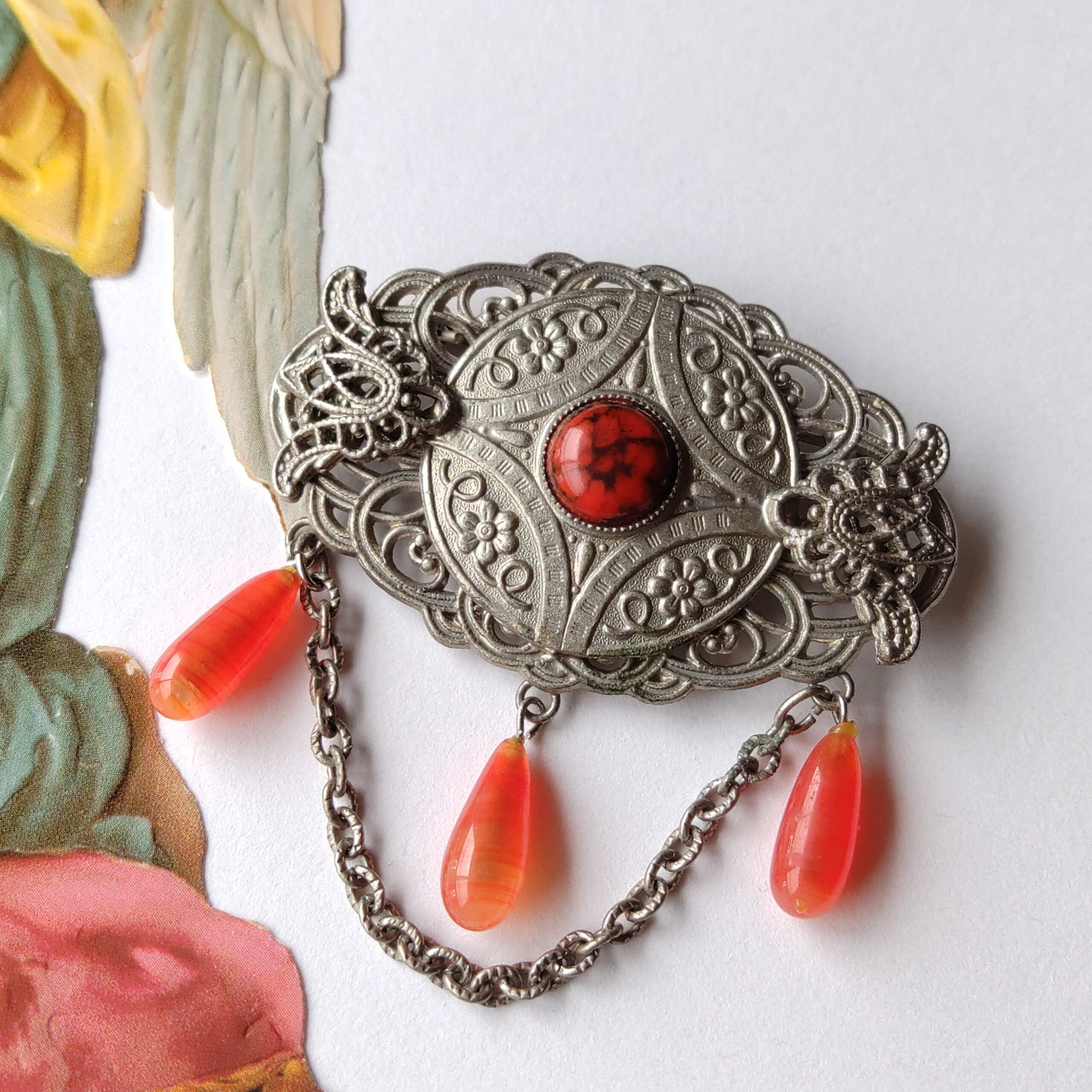 silver orange beads dangle vintage brooch ヴィンテージブローチ