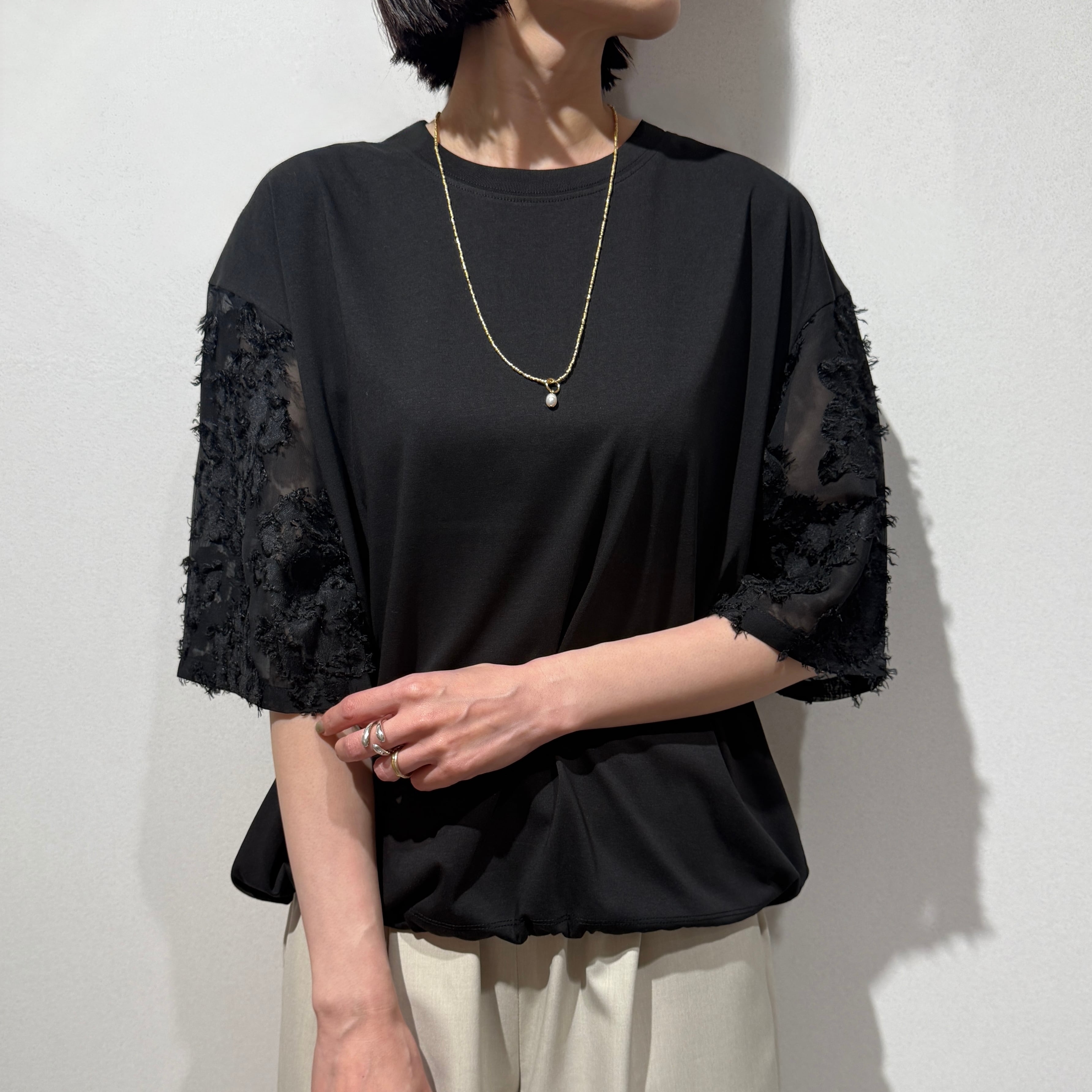 袖シアーフリンジ切替Tシャツ