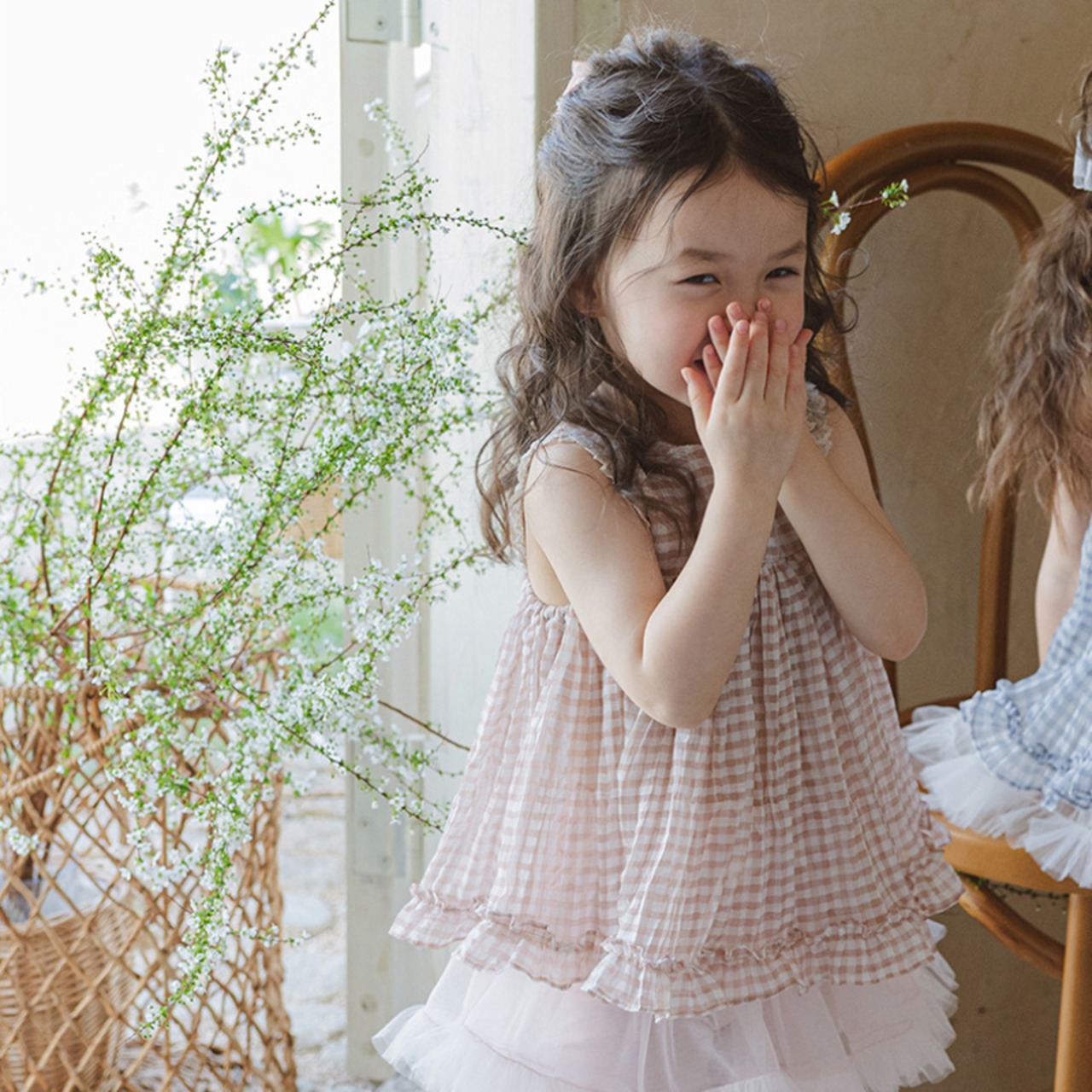 夏チェック柄ノースリーブブラウス