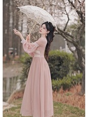 【0262】Pink Chiffon High Waist Long Sleeve Dress