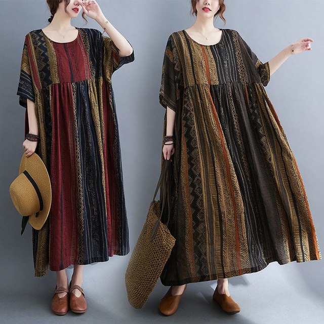 VINTAGE CONTRAST STRIPED PRINT MAXI DRESS M-17868