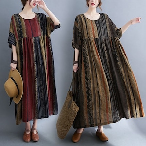 VINTAGE CONTRAST STRIPED PRINT MAXI DRESS M-17868