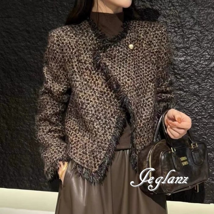 ツイード ニット ジャケット フリンジ 襟 2way クラスアップ感 (MB223)τ