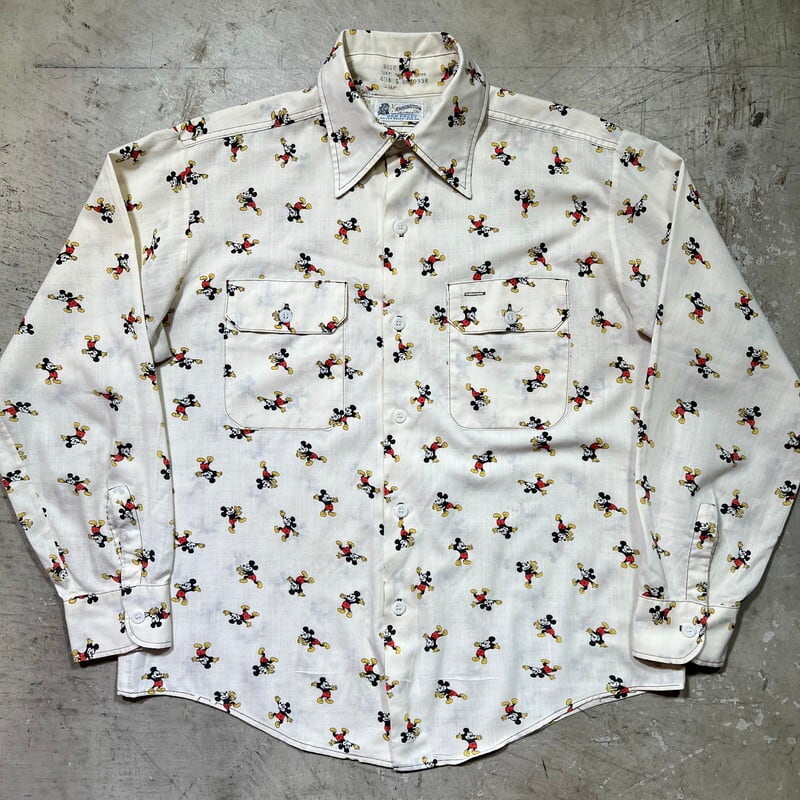 70's KENNINGTON × DISNEY ミッキーマウス 総柄プリントシャツ コットンポリ アイボリー 生成り オフィシャル Lサイズ ケニントン 希少 ヴィンテージ BA-2184 RM2603H