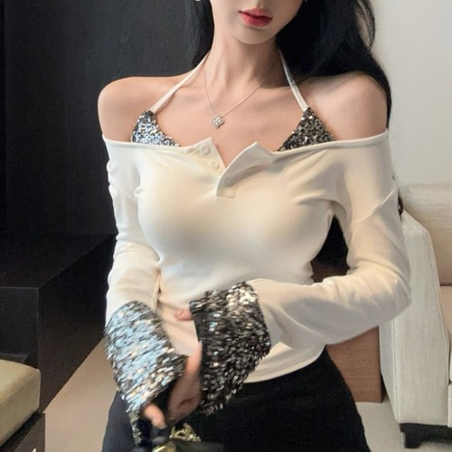 2色／スパンコールコンビトップス ・12287